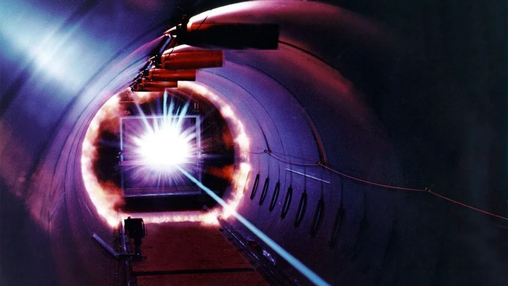 Precise laser equipment and optics used in quantum experiments.