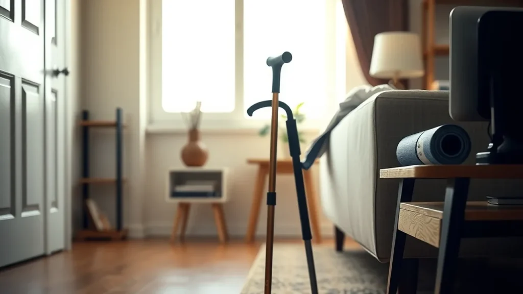 Living room with cane, yoga mat and medicine bottle suggesting lifestyle changes