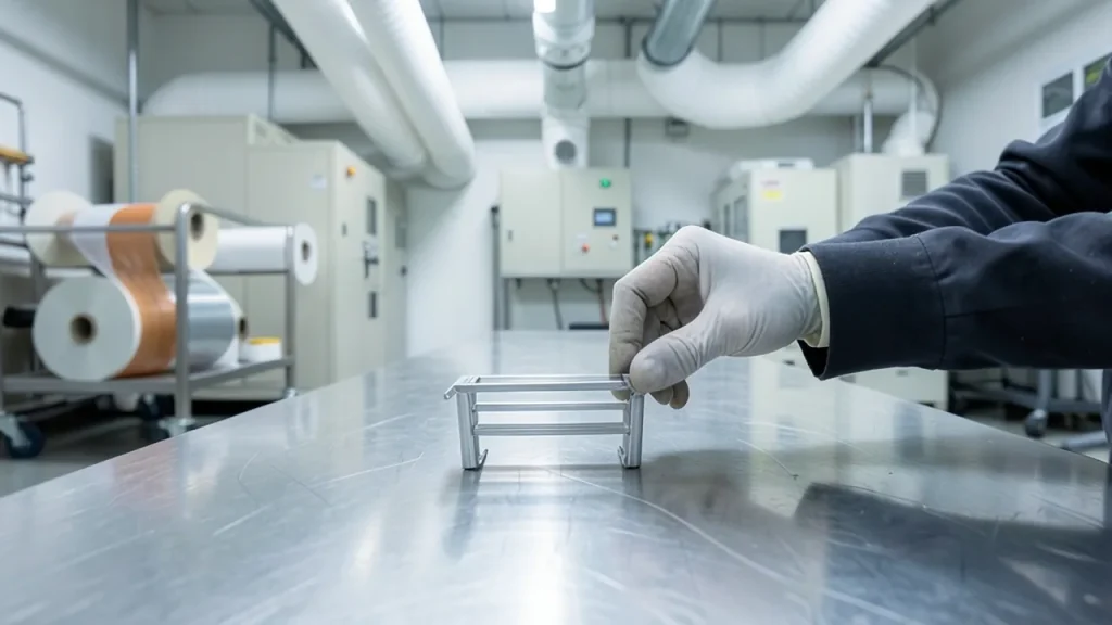 Gloved hands handling a prismatic battery cell frame on a bench in a clean bay
