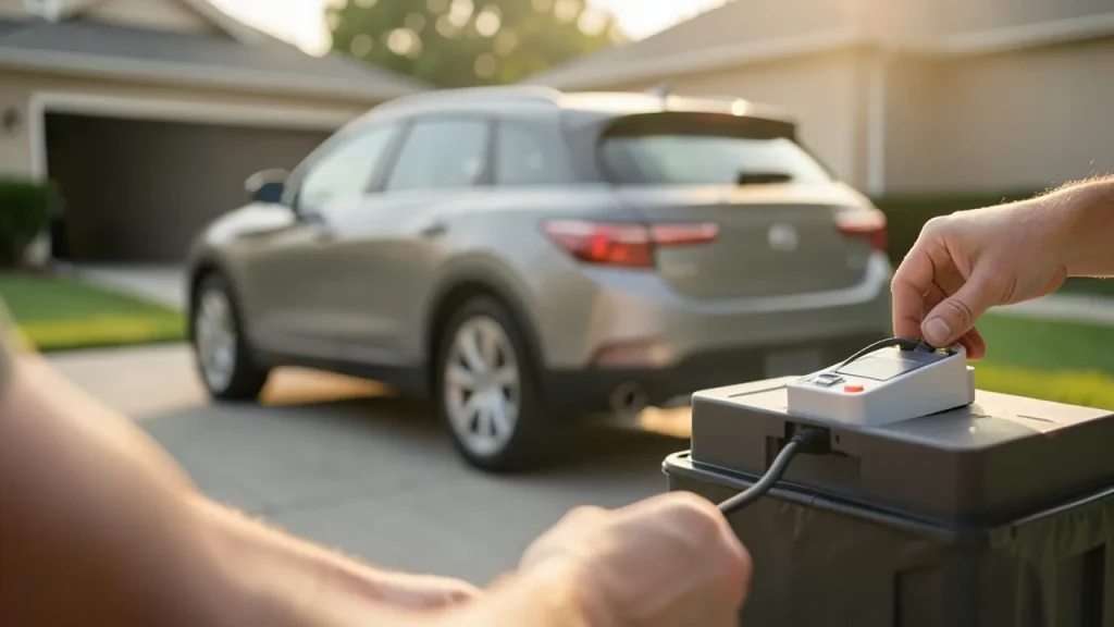 Hands plugging a portable battery module into a crate beside an electric SUV in a driveway