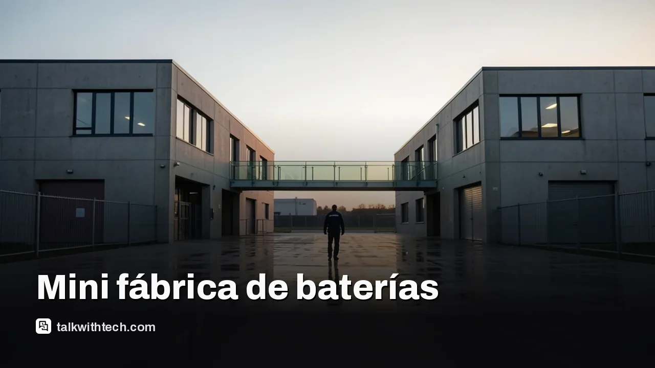 Exterior de dos edificios industriales conectados por un puente de cristal al atardecer