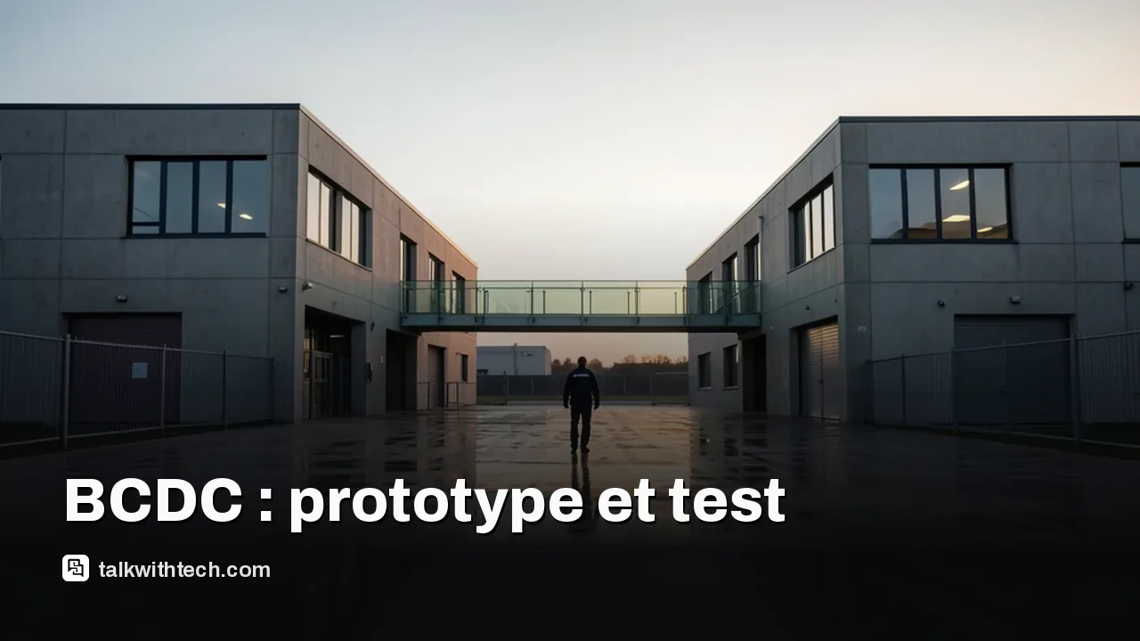 Façade de deux bâtiments industriels reliés par un pont vitré au crépuscule