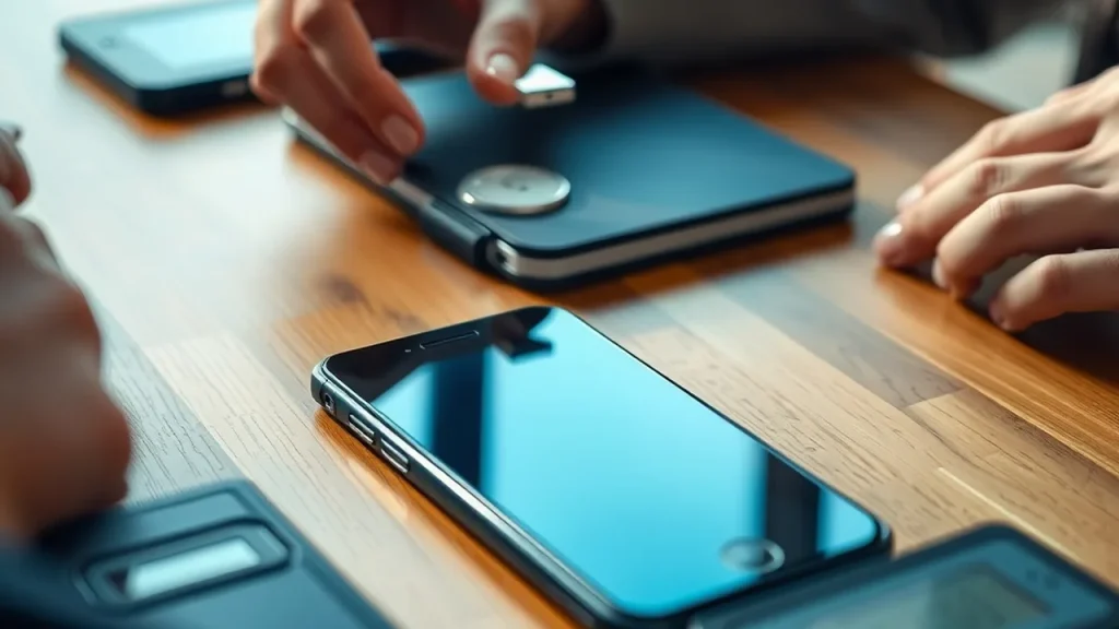 Hands placing USB beside phone and audio recorder on table