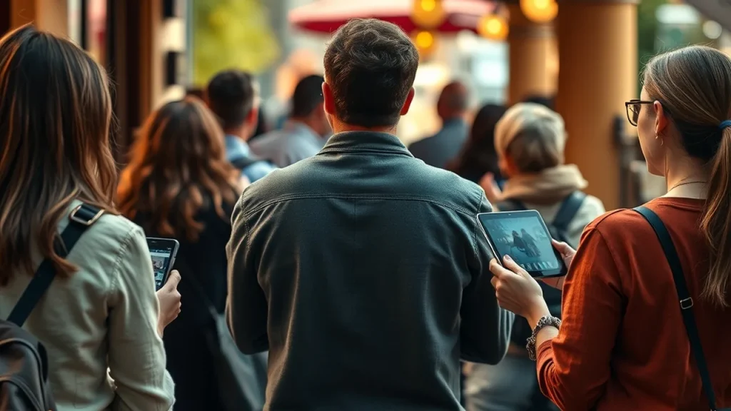 People from behind at cafe holding devices with screens turned away