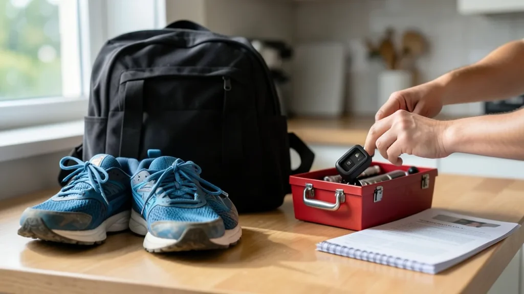 Fitness tracker being opened on counter with shoes and backpack nearby