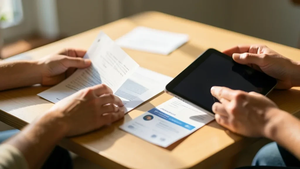 Hands comparing printouts and tablet at co-working table, sunlight.