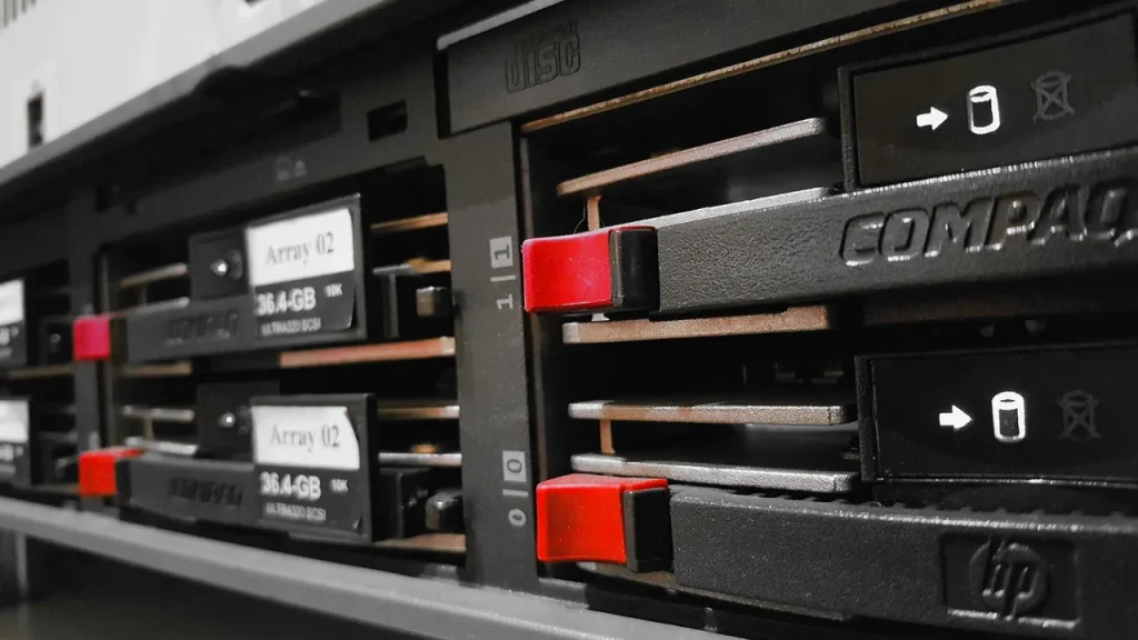 Rows of server racks in a data center