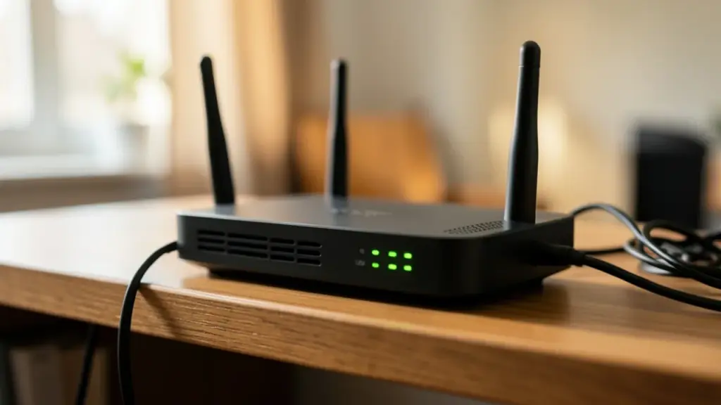 A home wifi router with blinking lights on a shelf