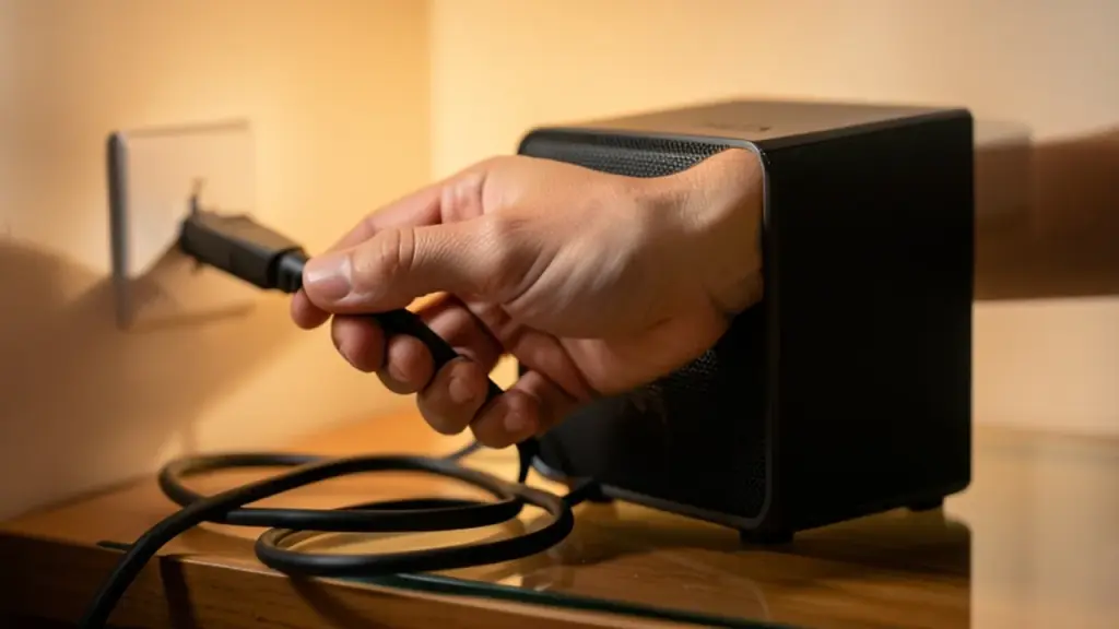 A hand unplugging a power cable from a wall socket
