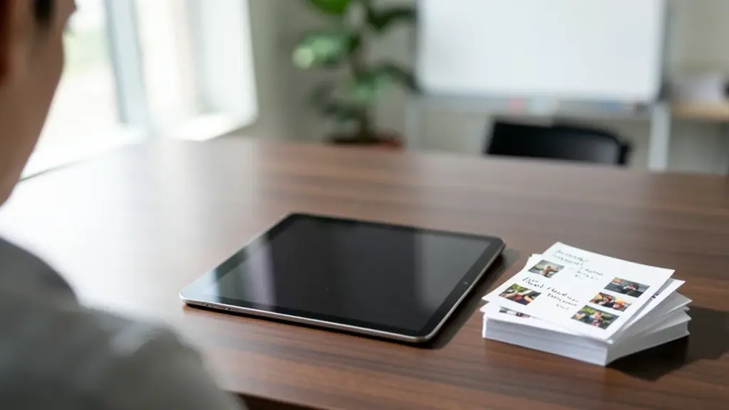 Over-shoulder view of tablet with dark screen and index cards with thumbnails on table