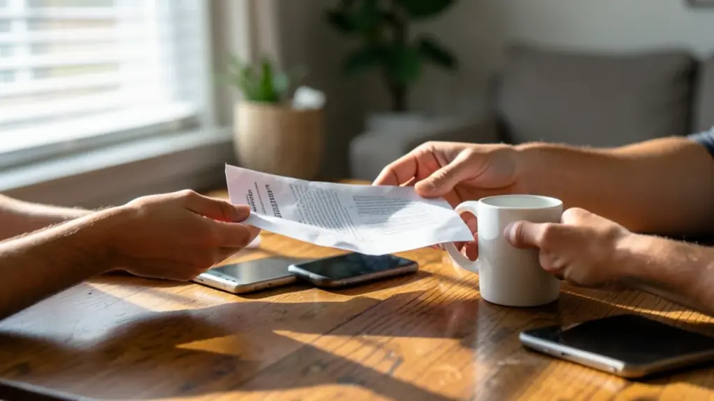 Hands exchanging a fact-check printout at a living room table with phone face down
