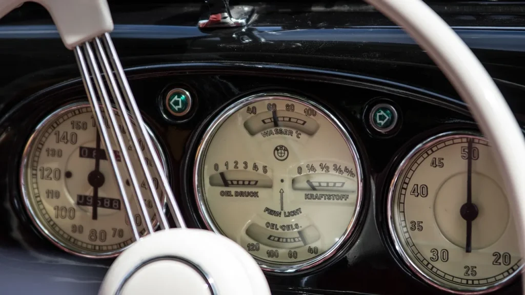 Car dashboard showing fuel gauge