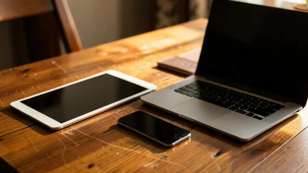Several phones, a tablet and a laptop on a wooden dining table