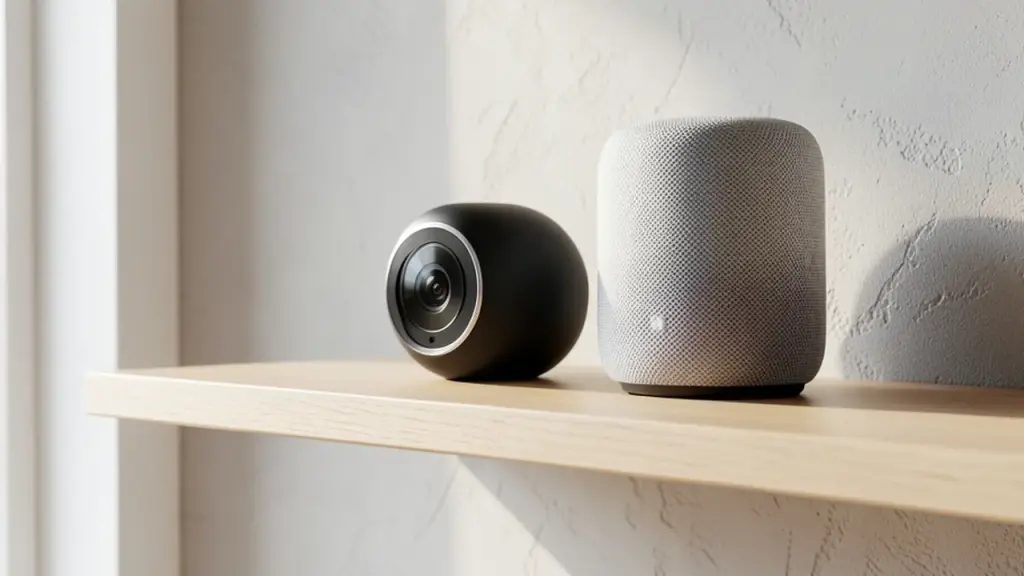A smart home camera and speaker on a living room shelf
