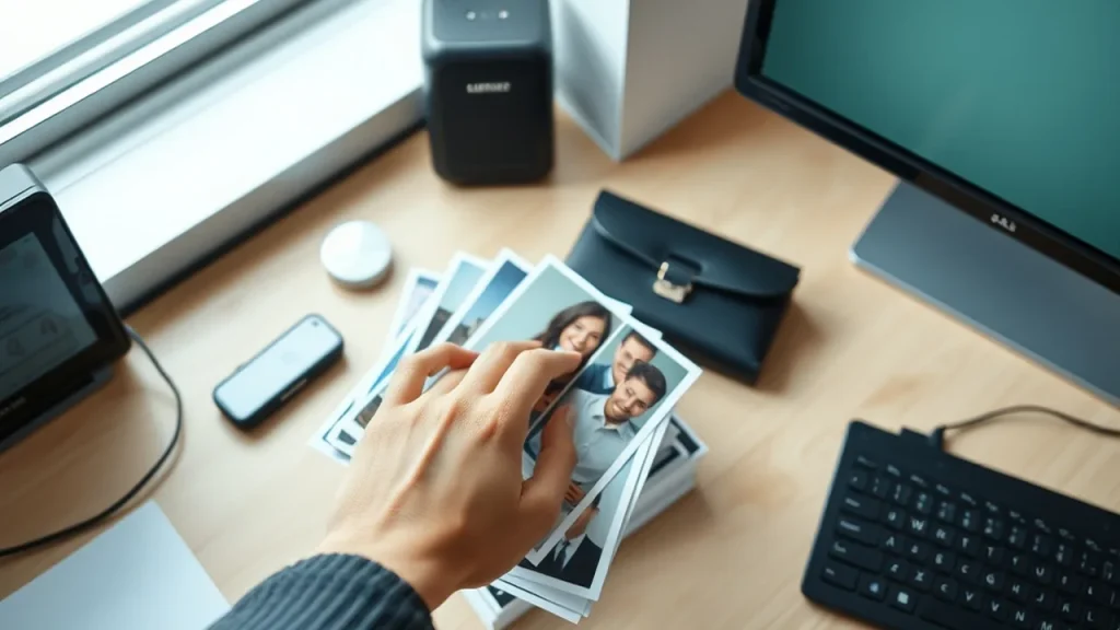 Overhead angle of hand placing printed photo next to audio recorder