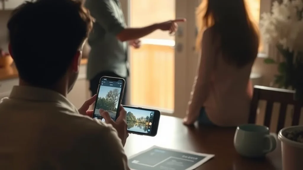 Back view of person at kitchen table with printed photo and smartphone face-down