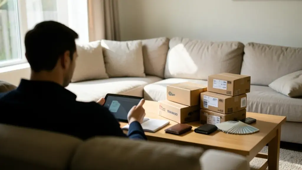 Couch scene with retailer boxes and wallet on coffee table