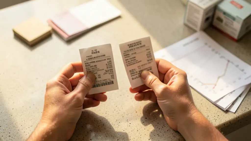 Hands comparing receipts and cards with product boxes nearby