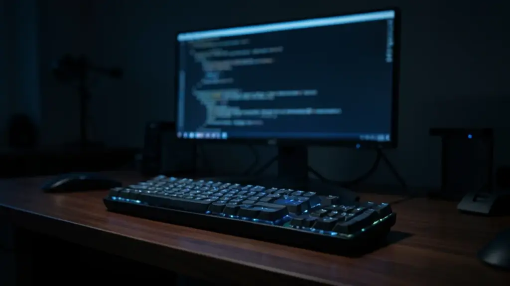 A monitor with blurred code on a developer's desk at night