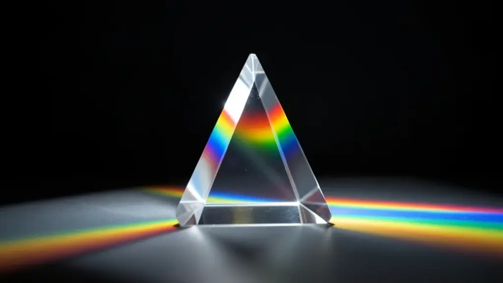 Glass prism splitting white light into a rainbow spectrum