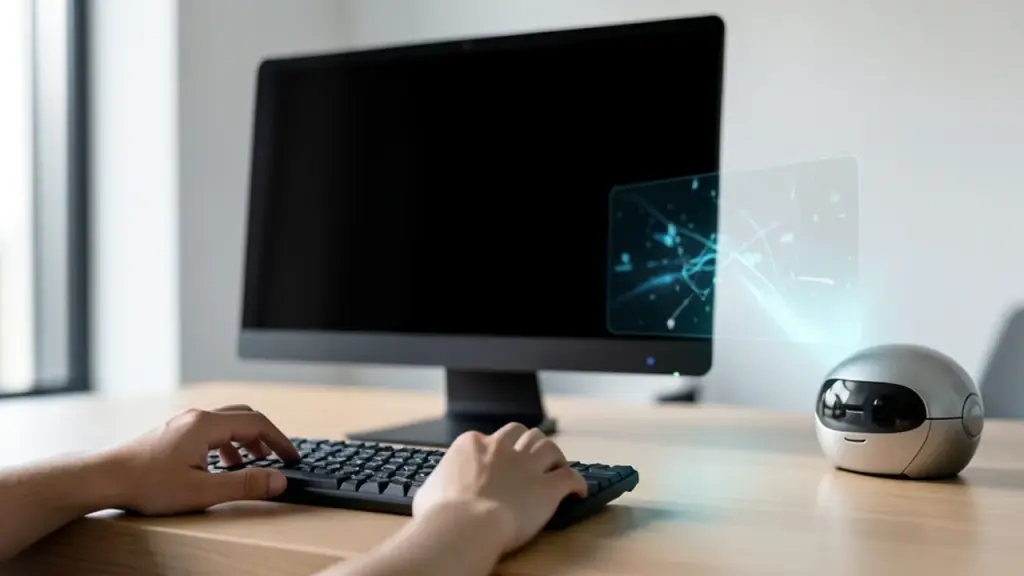 Office scene with AI agent at work and a robot companion