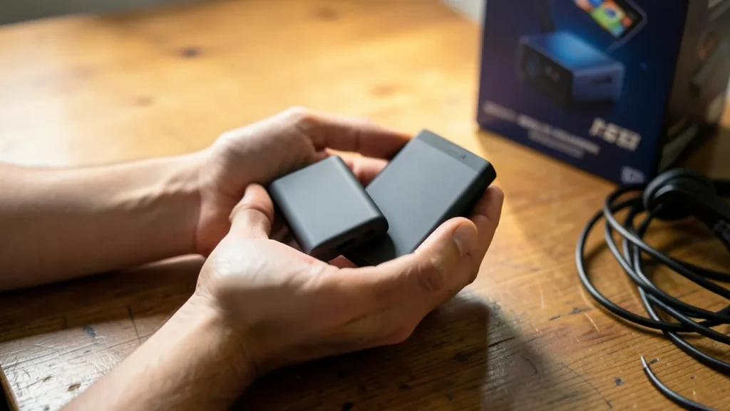 Hands holding external SSD and a game case turned away on desk