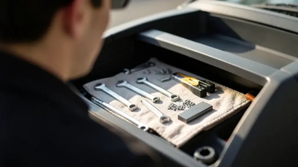 Over-the-shoulder view of open console storage bay and NVMe stick