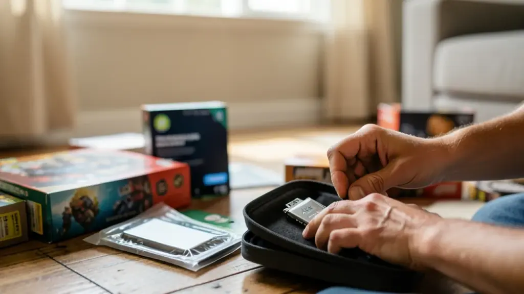 Hands packing SSD amid game boxes and external drive package