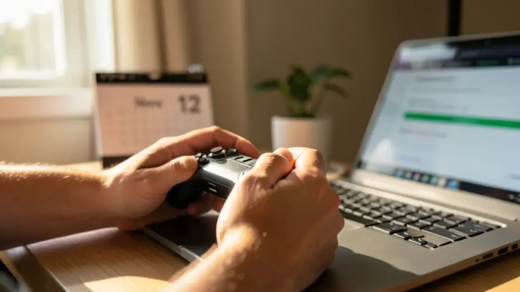 Hands on controller beside laptop and calendar marked Nov 12 indicating pre-load