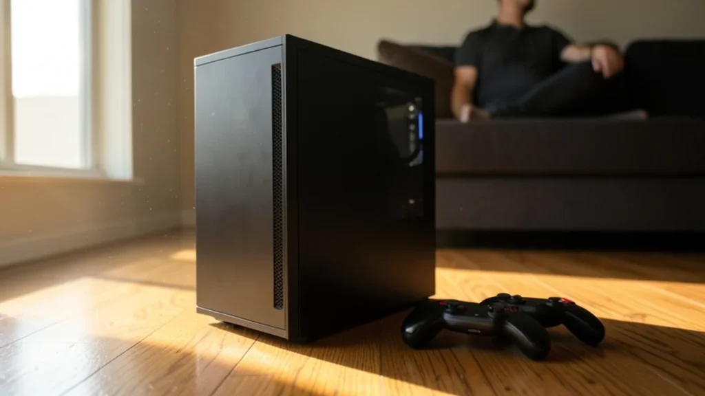 Gaming PC tower beside controllers on floor, silhouette on couch.