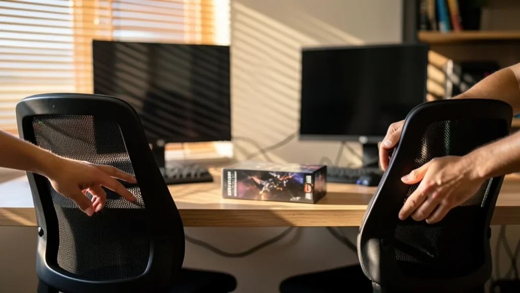 Two hands reaching for an unopened game on a PC desk, chairs ready.