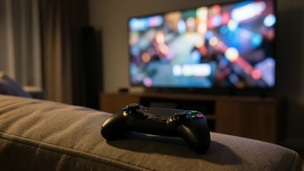 A game controller on a sofa with a blurred TV glowing behind it