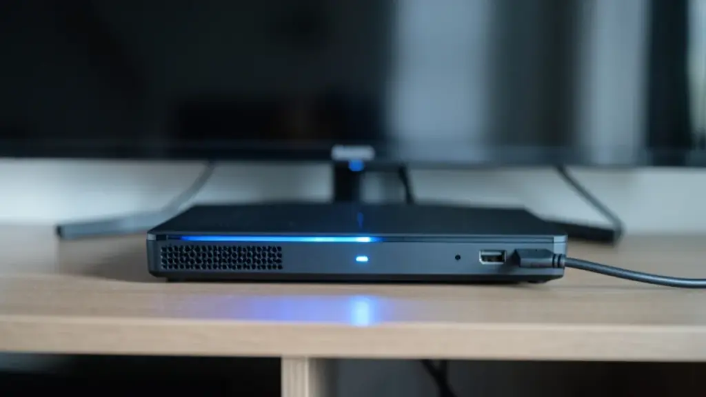 A game console on a shelf under a TV with a blue standby light