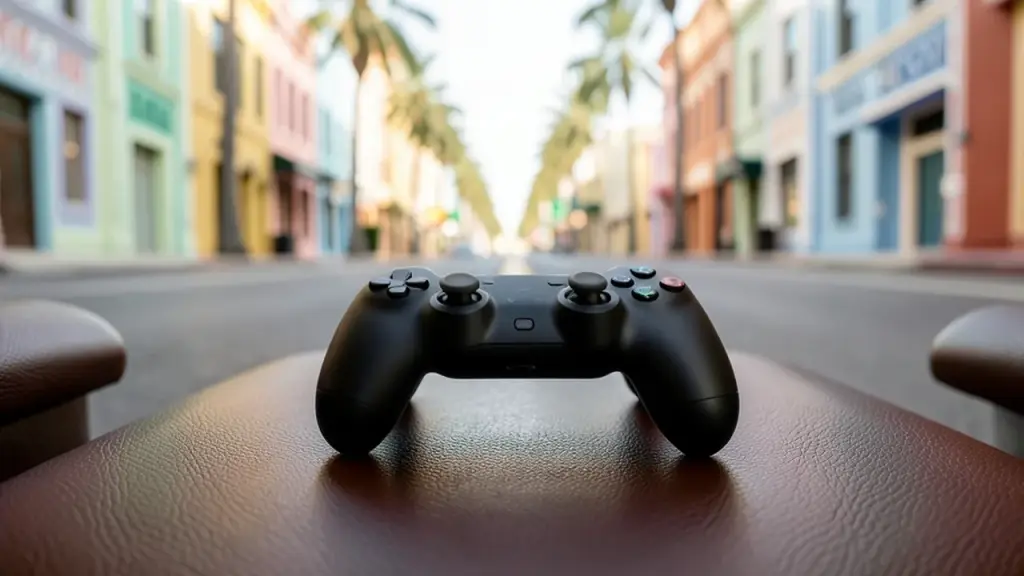 Black next-gen controller on car seat with palm-lined pastel buildings blurred behind