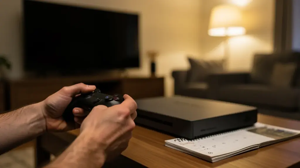 Hands with controller in living room, console box and calendar hinting November 19 launch