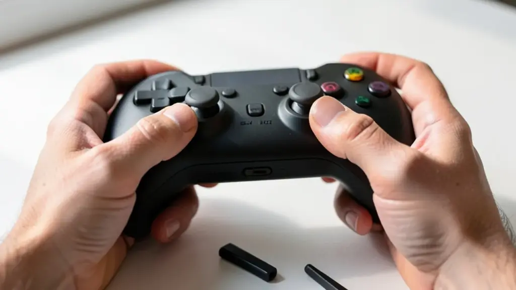 Large hands holding heavy controller showing floating D‑pad and detachable stick