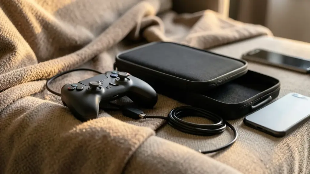 Controller on couch beside hard case, USB-C cable, smartphone and dongle indicating multi-platform use
