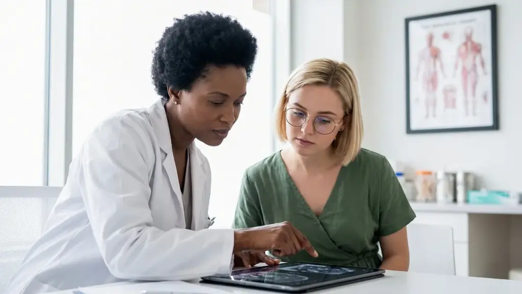 A doctor and patient discussing a treatment plan in a consulting room
