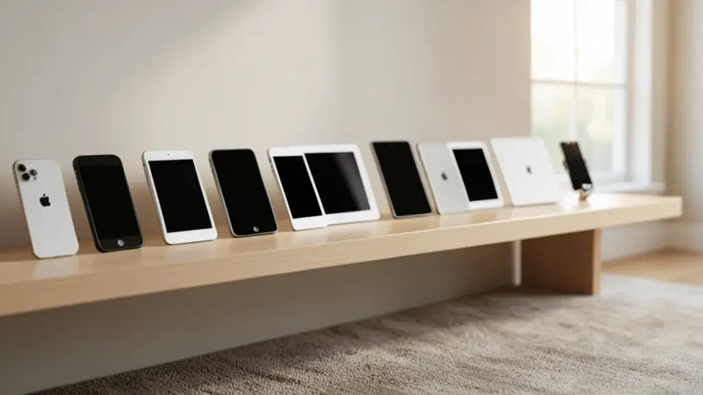 Home collection of Apple devices organized on a shelf.