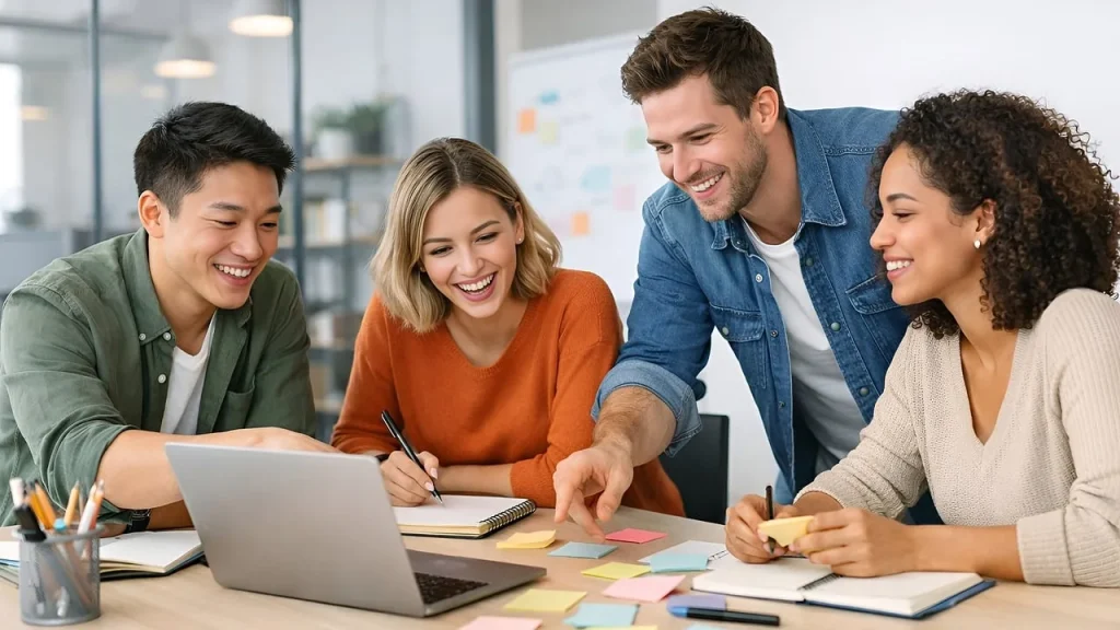Creative team discussing AI concept in a storyboard room