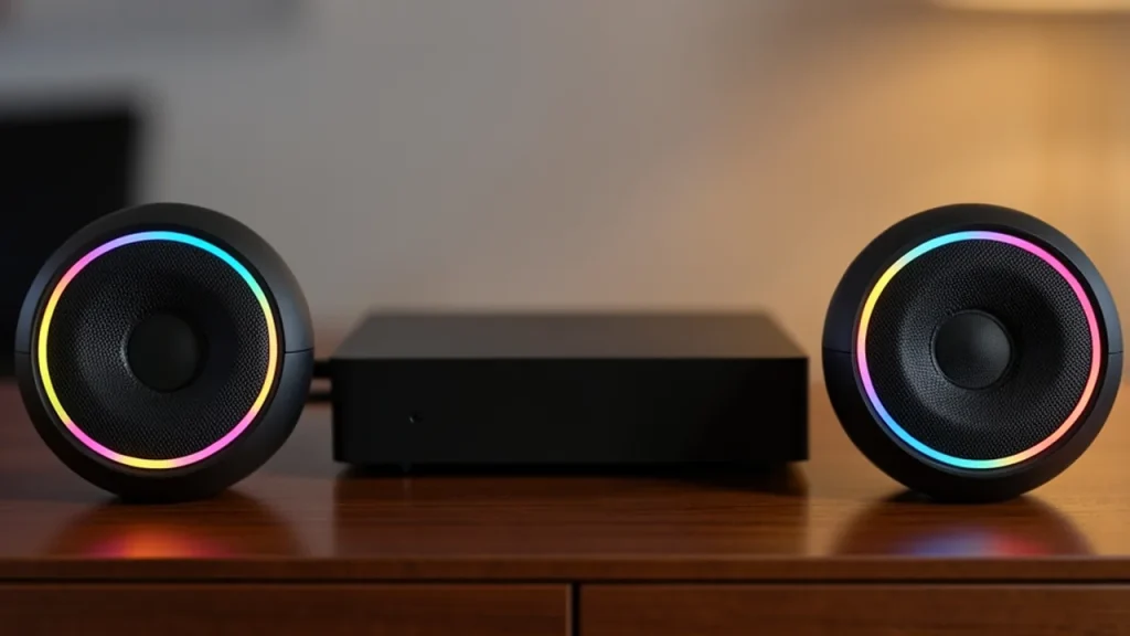 Two small spherical speakers on a media console with glowing tops, showing paired setup.