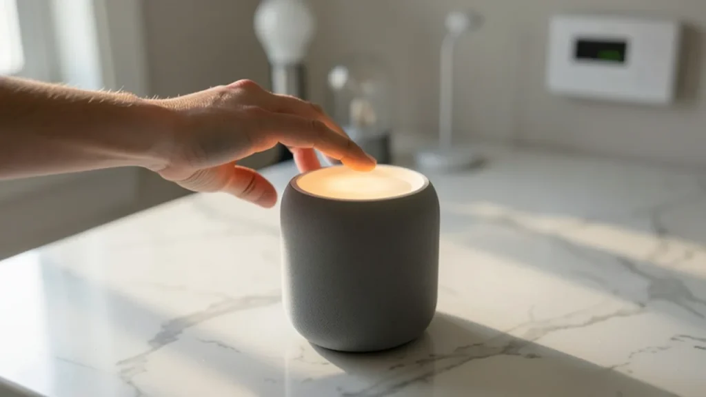 Hand tapping a small smart speaker on kitchen island with blurred smart home devices behind.