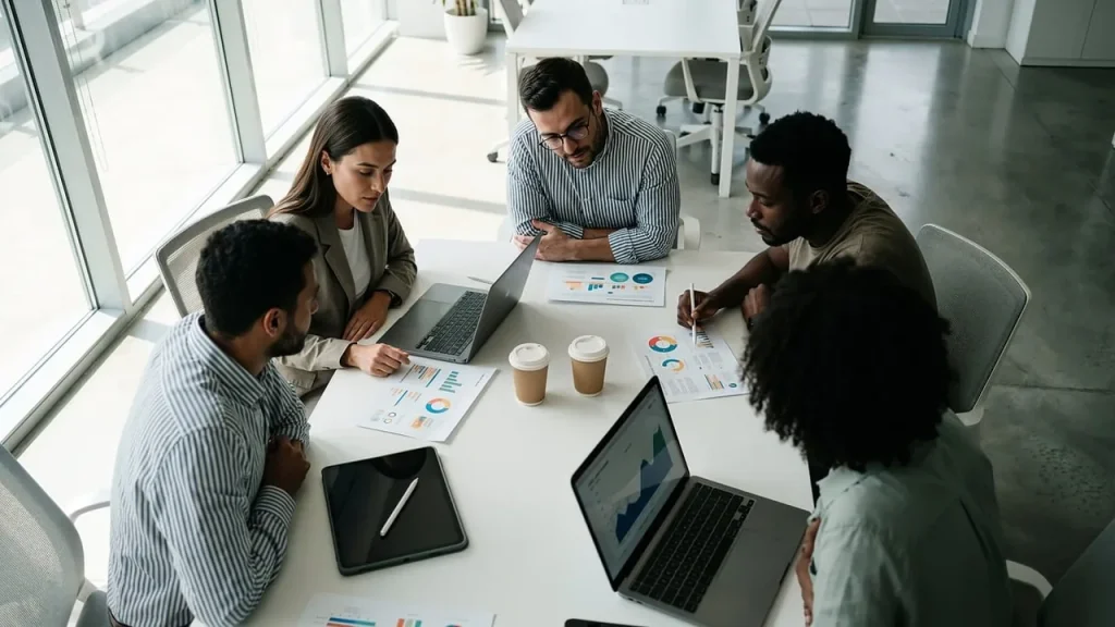 Team meeting with laptops and charts on a conference table