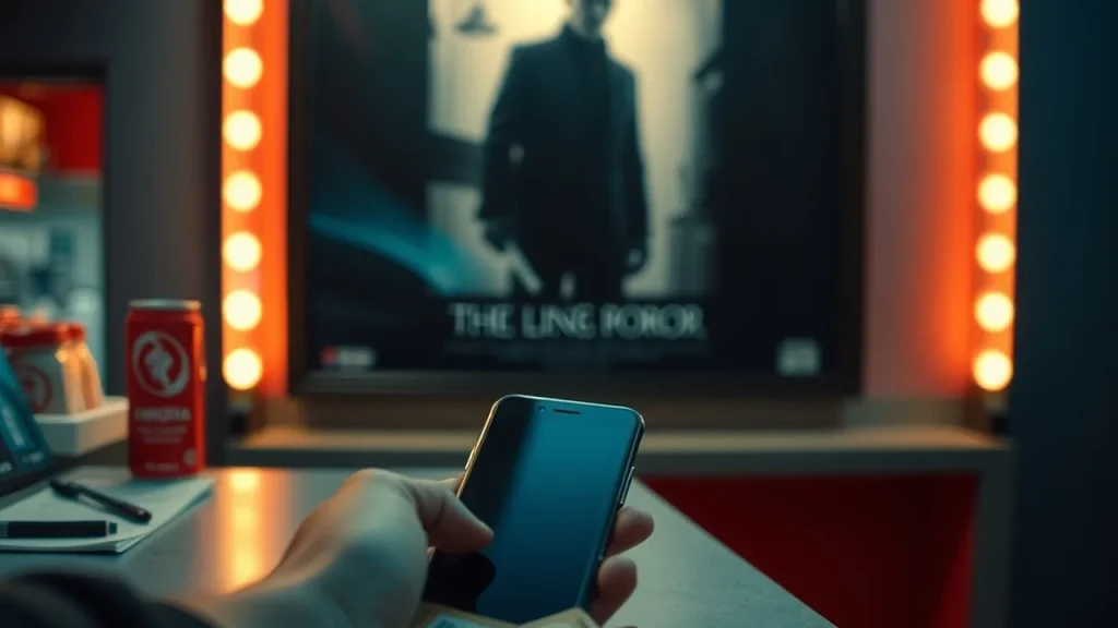Hands holding a dark phone and movie tickets at a cinema concession stand, poster blurred