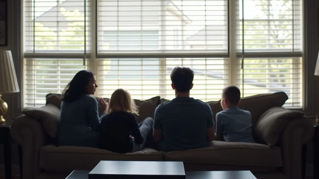 Family silhouettes on couch with game case and streaming remote on coffee table