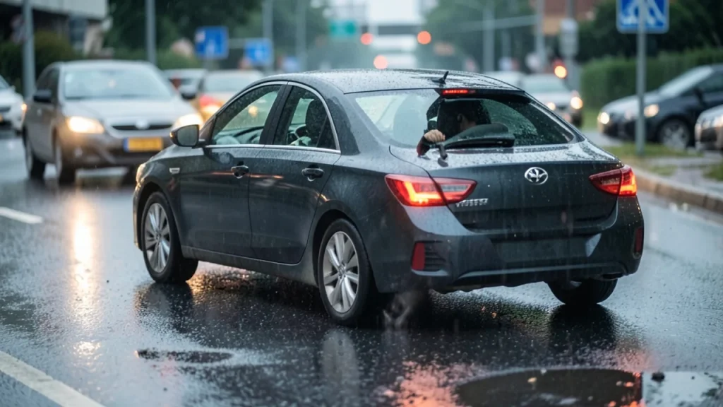 Wet road sedan braking in traffic with radar housing visible in bumper