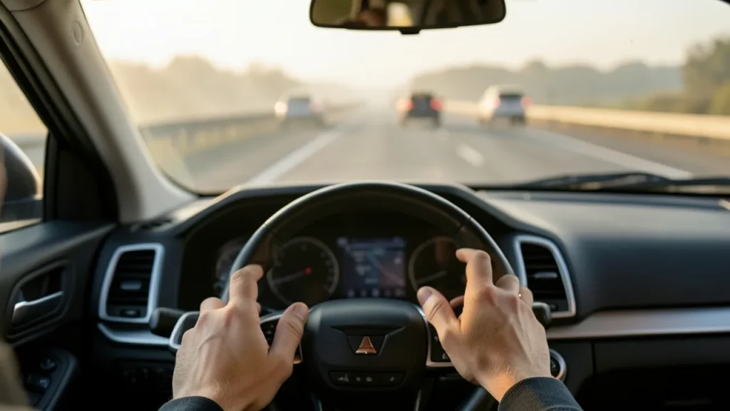 Rear-seat view of driver’s hands near wheel, highway ahead in mist, dashboard out of focus