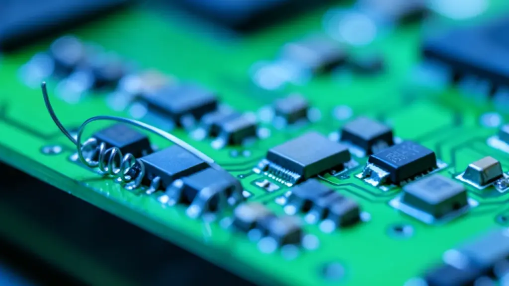 Close view of a small circuit board with an antenna wire