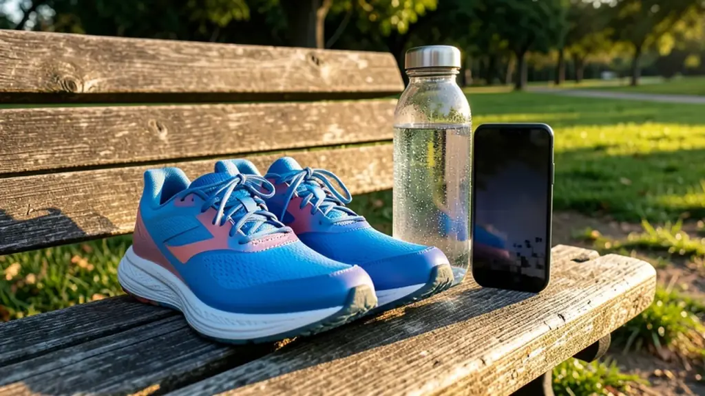 Running shoes, a water bottle and a phone on a bench
