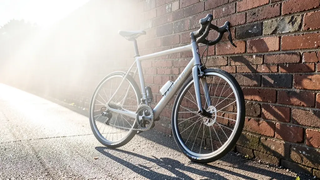 A road bike leaning against a wall on a hot day
